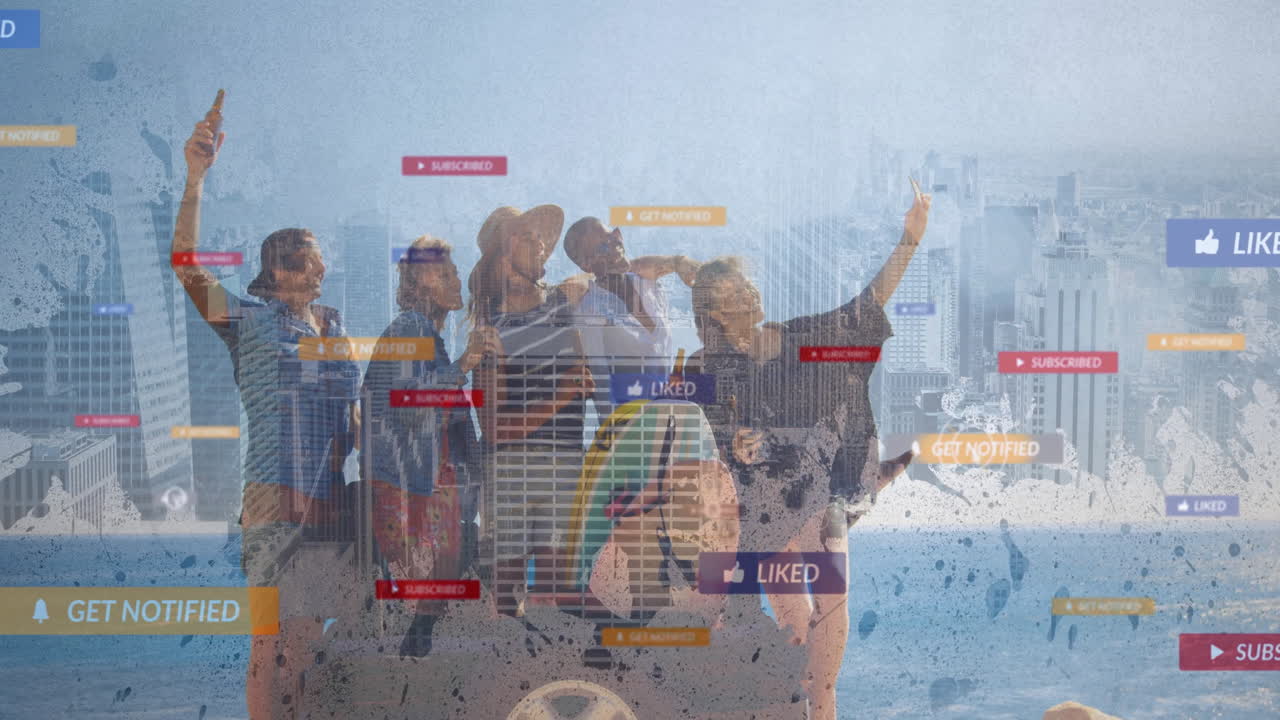 Taking selfies, group of friends with animation of social media notifications