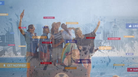 Taking selfies, group of friends with animation of social media notifications