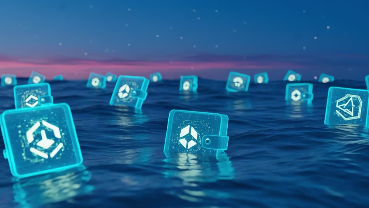 Floating Digital Wallets in a Serene Ocean at Dusk: A Mesmerizing Visualization of Virtual Currency Technology and Innovative Financial Storage Solutions