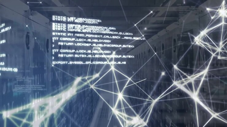 Server aisle reacting to network spike, showing live data with expanding mesh and code panels