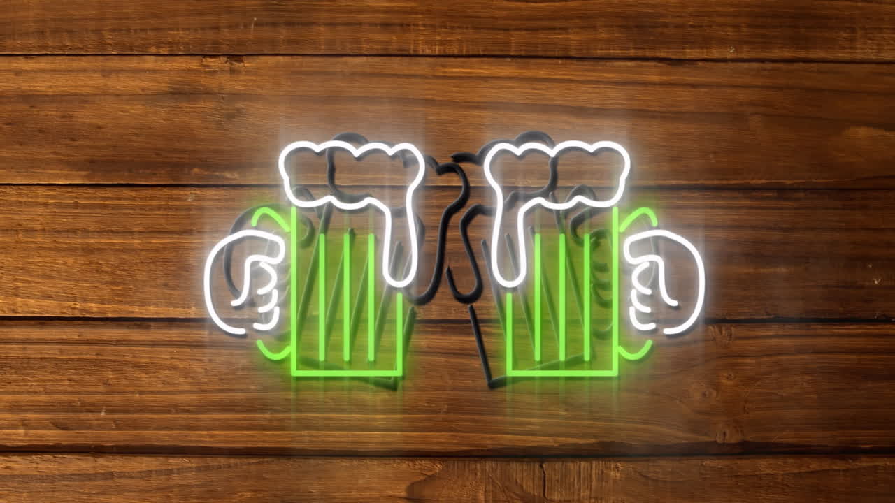 Clinking beer mugs animation over wooden background, celebrating with friends