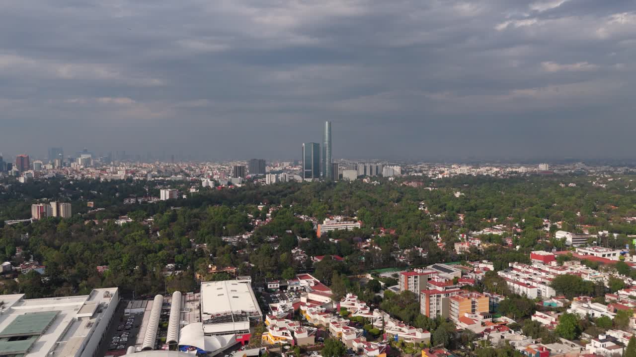 Stormy afternoon over Mexico City, Coyoacan, and its skyscrapers, drone view