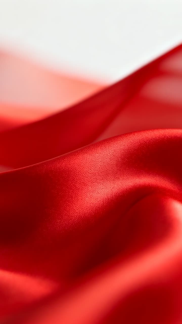 Video verticale: cambio di messa a fuoco che rivela pieghe di raso rosso in studio, che mostra la lucentezza con un cartoncino bianco