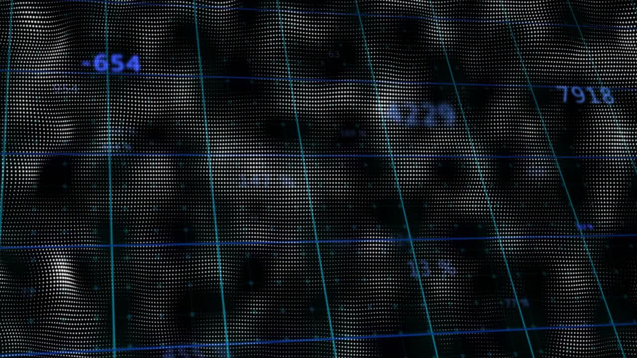 Camera pulling back revealing wavy point cloud, neon numbers pulsing and shifting showing analytics