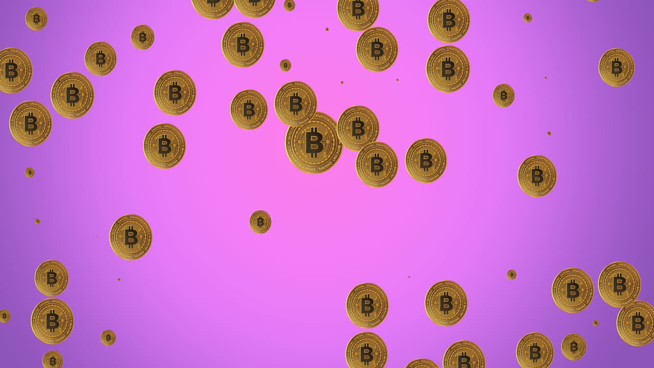 animación de bitcoins pulsando sobre un fondo púrpura