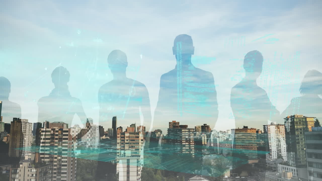 Animazione di elaborazione dati finanziari su persone d'affari e paesaggio urbano