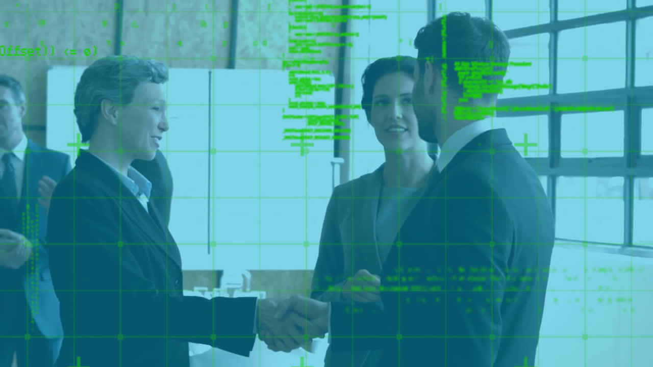 Animazione di elaborazione dati su persone diverse che si stringono la mano in ufficio