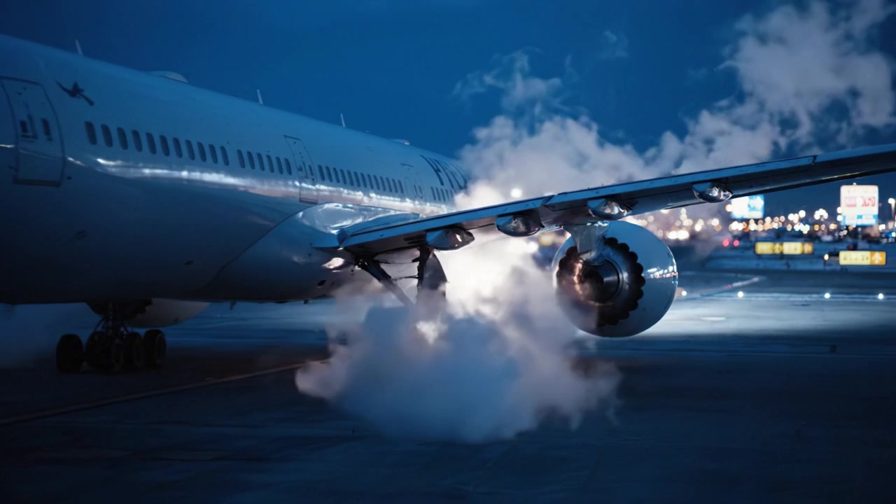En majestætisk flymotor om natten: Fanger luftfartens kraft og skønhed under nattehimlen med motorglød og atmosfæriske effekter.