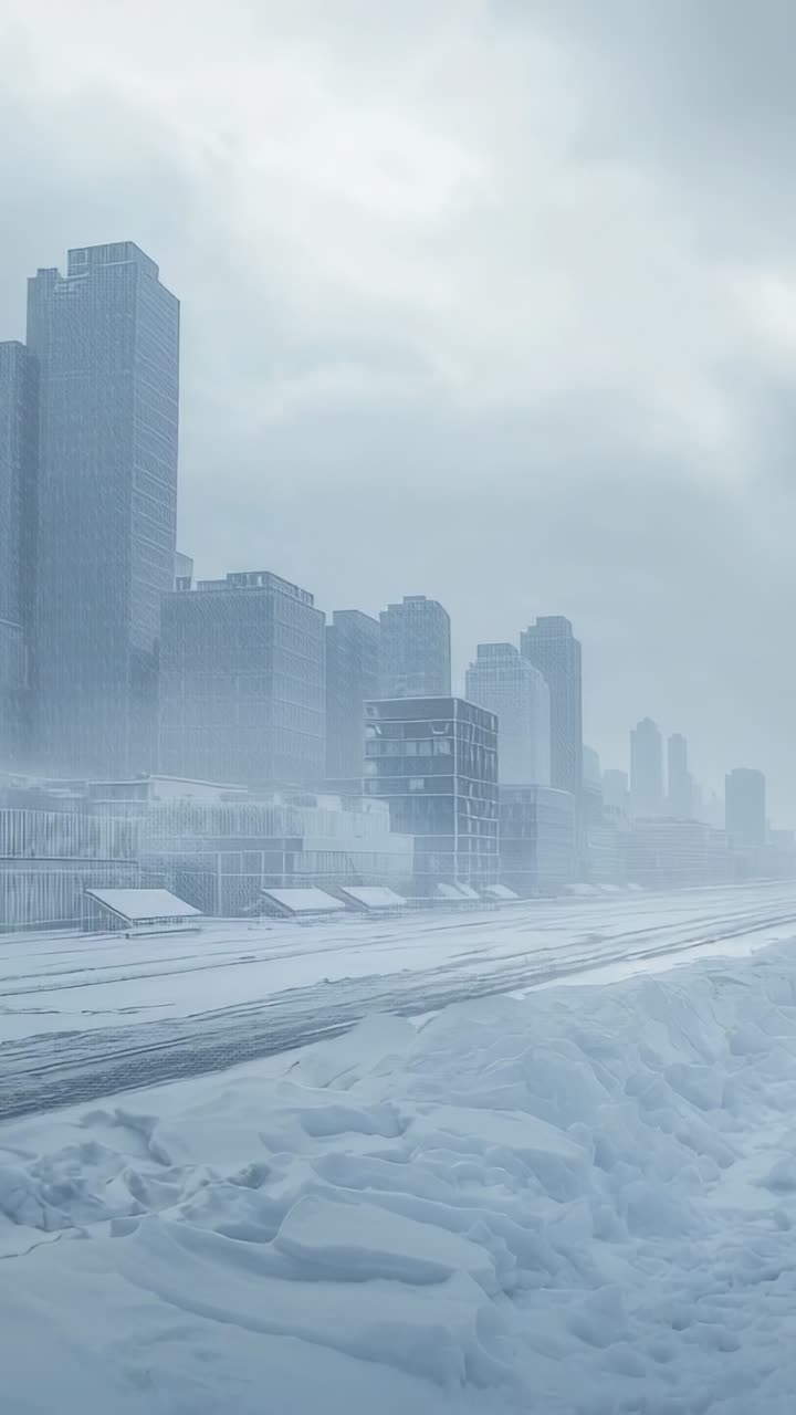 Vertical video: Footage opening high-rise towers standing in waterfront with tracks and snowdrifts