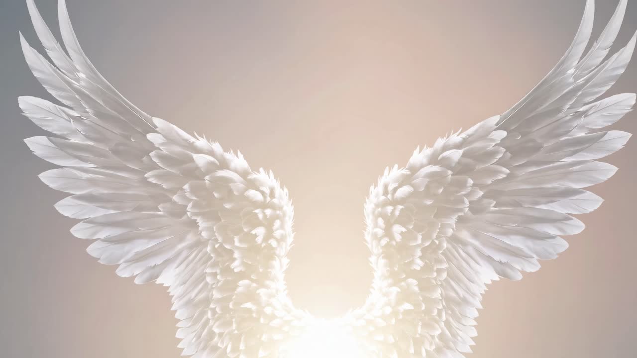 Aerial view of angelic white wings against a soft gradient background, evoking a serene, ethereal