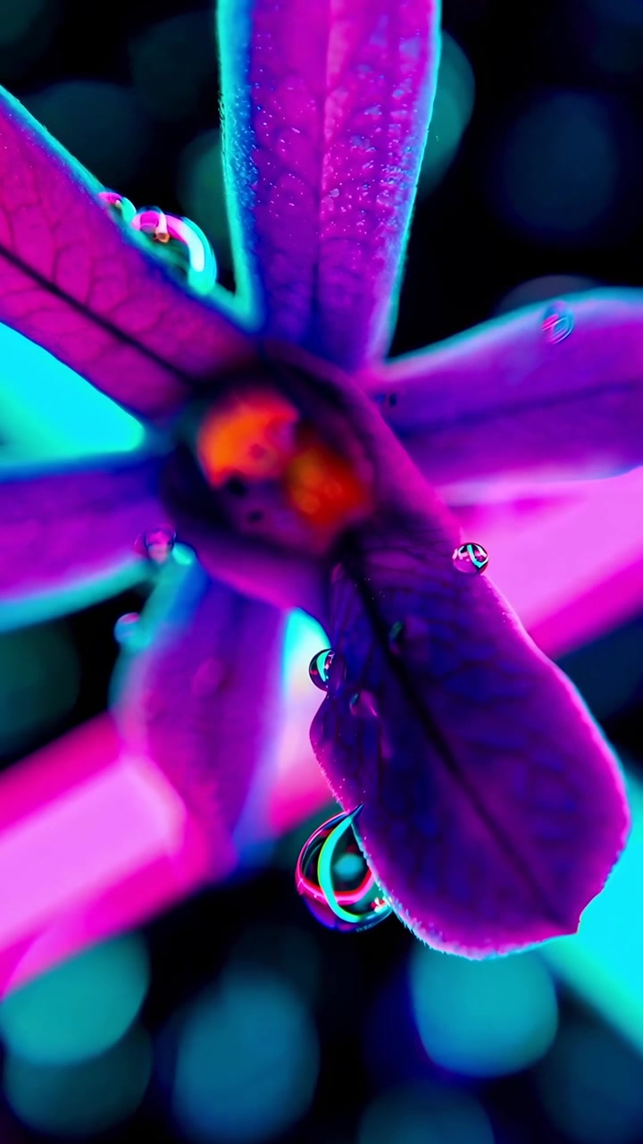 Scatto macro vibrante di un fiore viola con goccioline d'acqua e luci bokeh