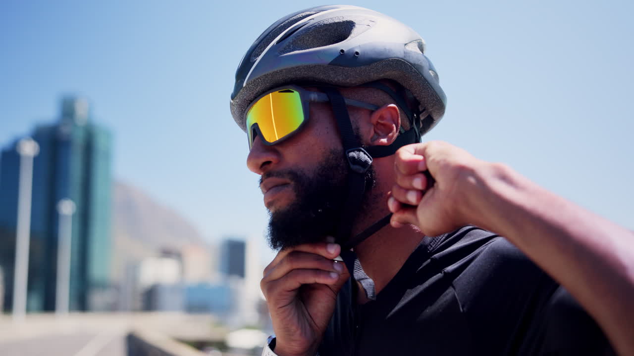 Man Adjusting Cycling Helmet Strap Outdoors on a Sunny Day