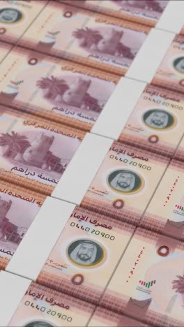 vertical video of 5 united arab emirates dirham banknotes printing