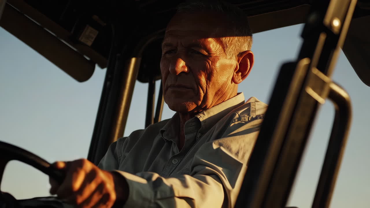 Senior Farmer Driving a Tractor at Sunset