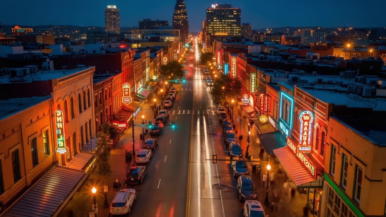 Vibrant Urban Nightscape: A Stunning View of Bustling City Streets Illuminated by Neon Lights and Traffic Flowing Through the Heart of the Downtown District