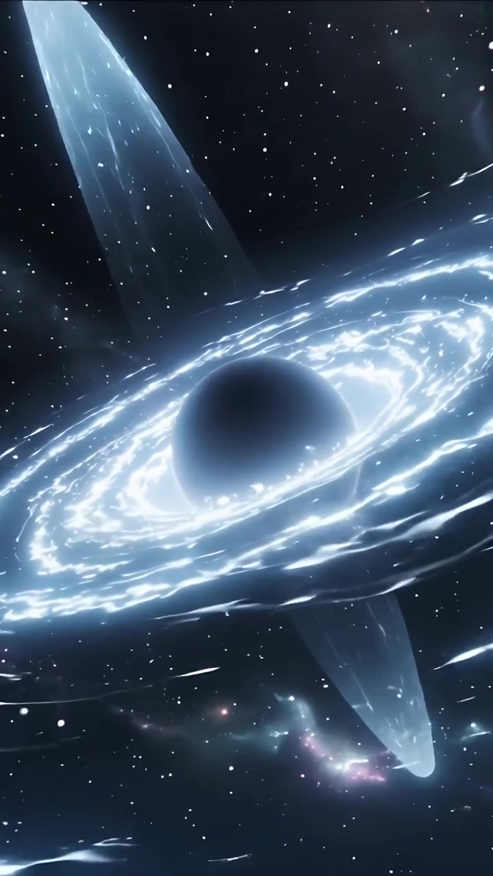 Vertical video: Rotating view driving dark sphere with plasma ring tilting in space, revealing jets