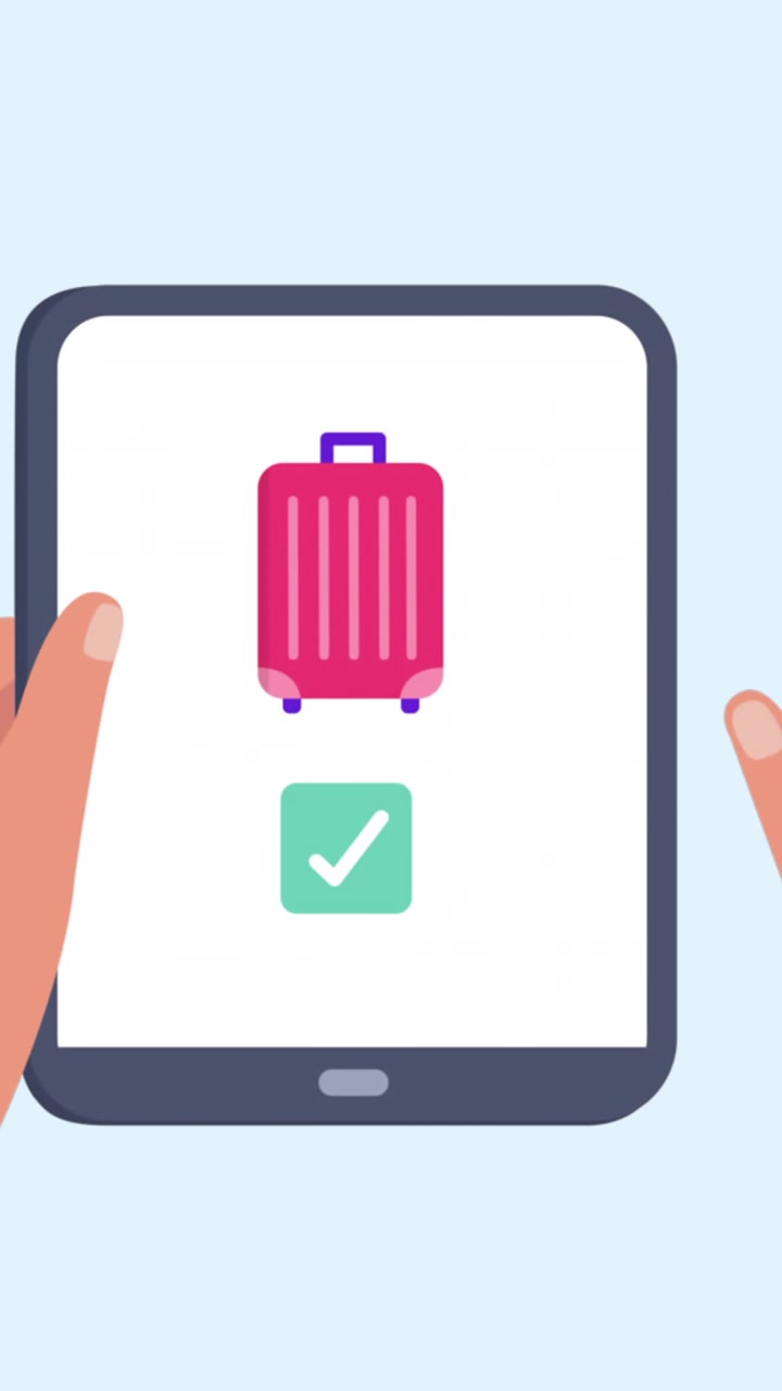 Animação de mãos usando tablet com ícones de viagem
