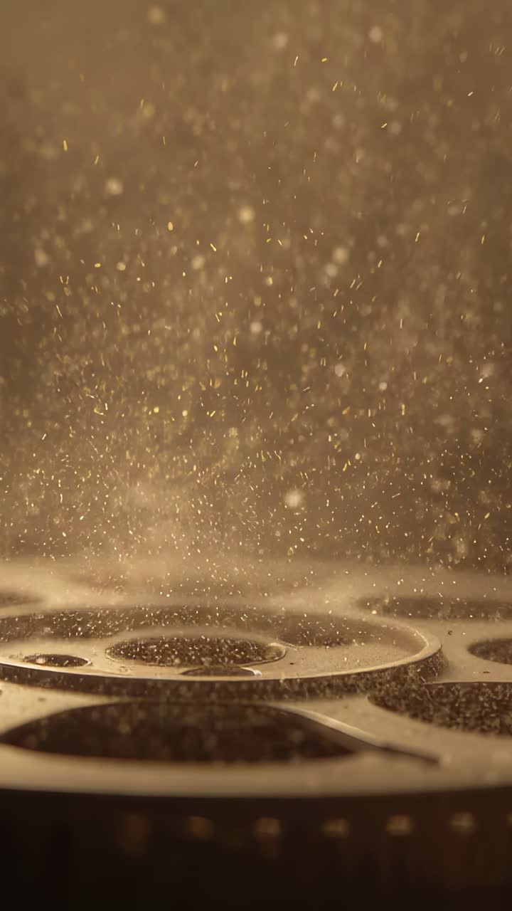 Vertical video: Emitting perforated disc releasing mist in studio from gentle airflow, backlit