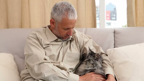 Un-Hombre-Feliz-Acariciando-A-Su-Gato-Gris-Y-Esponjoso-En-El-Sofá