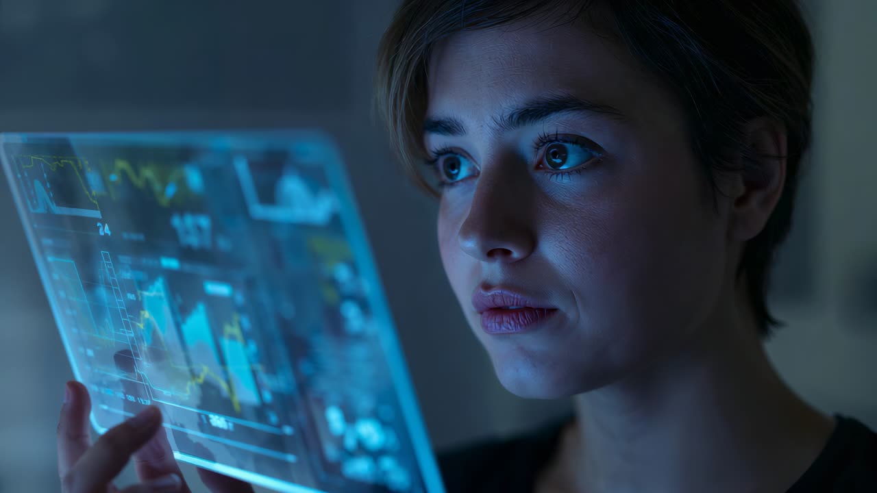Mulher segurando um tablet no canto inferior esquerdo, estudando dados holográficos em um laboratório, vestindo blusa escura