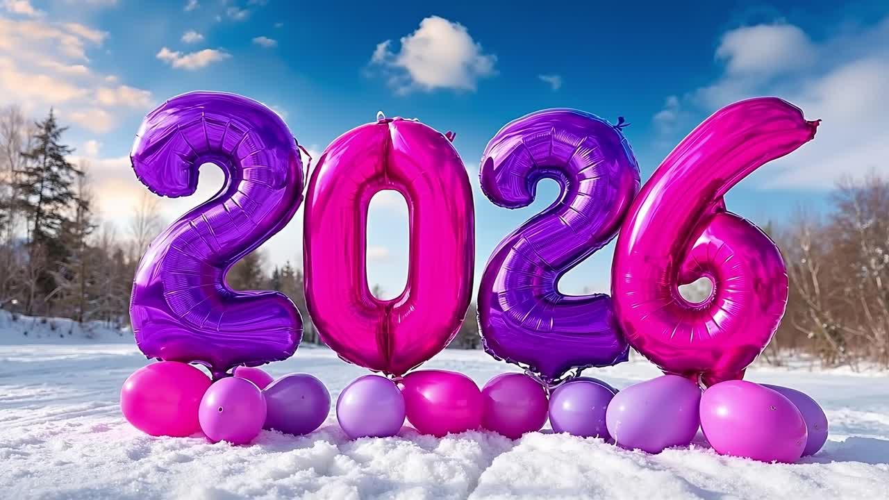 Purple and Pink Balloon 2026 Numbers on Snowy Landscape