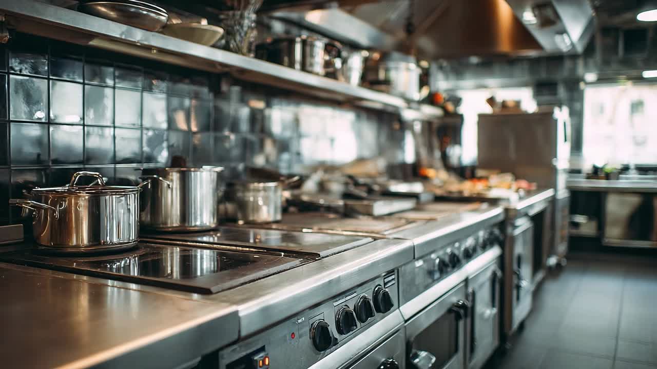 Professionelle Küche mit Edelstahlausrüstung und Kochutensilien