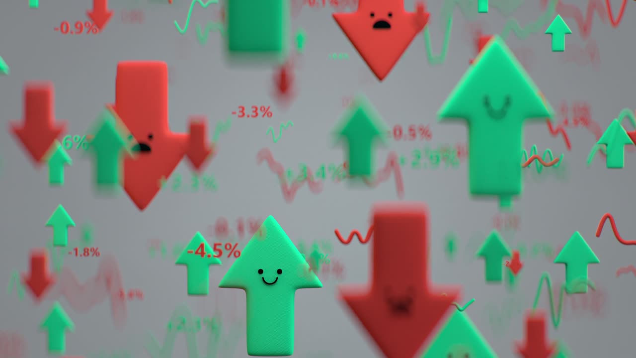 만화 화살표와 주식 시장 데이터 원활한 루프 3d 렌더링 애니메이션