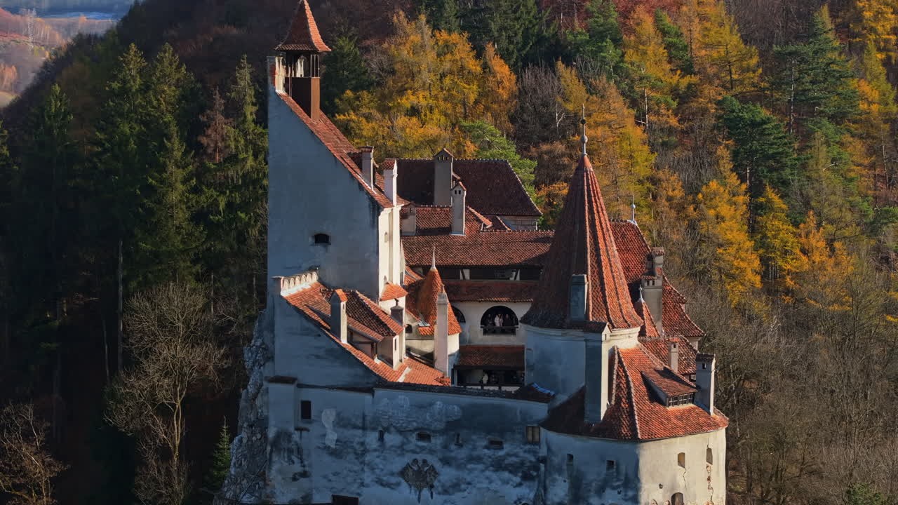 Aerial drone view of the Bran Castle in Bran, Transylvania, Romania