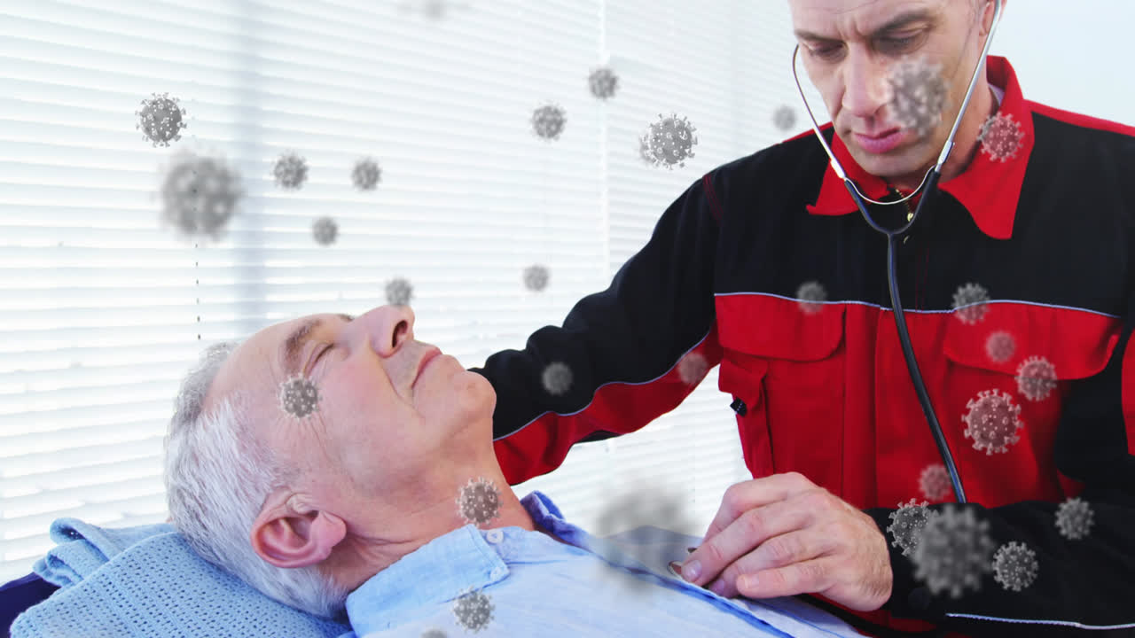 Animation of virus cells over caucasian doctor and patient