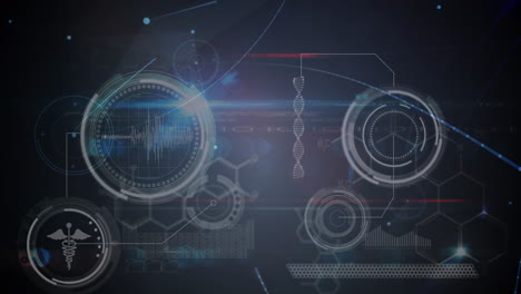 animation of network of connections over dna strand and medical data processing on screen