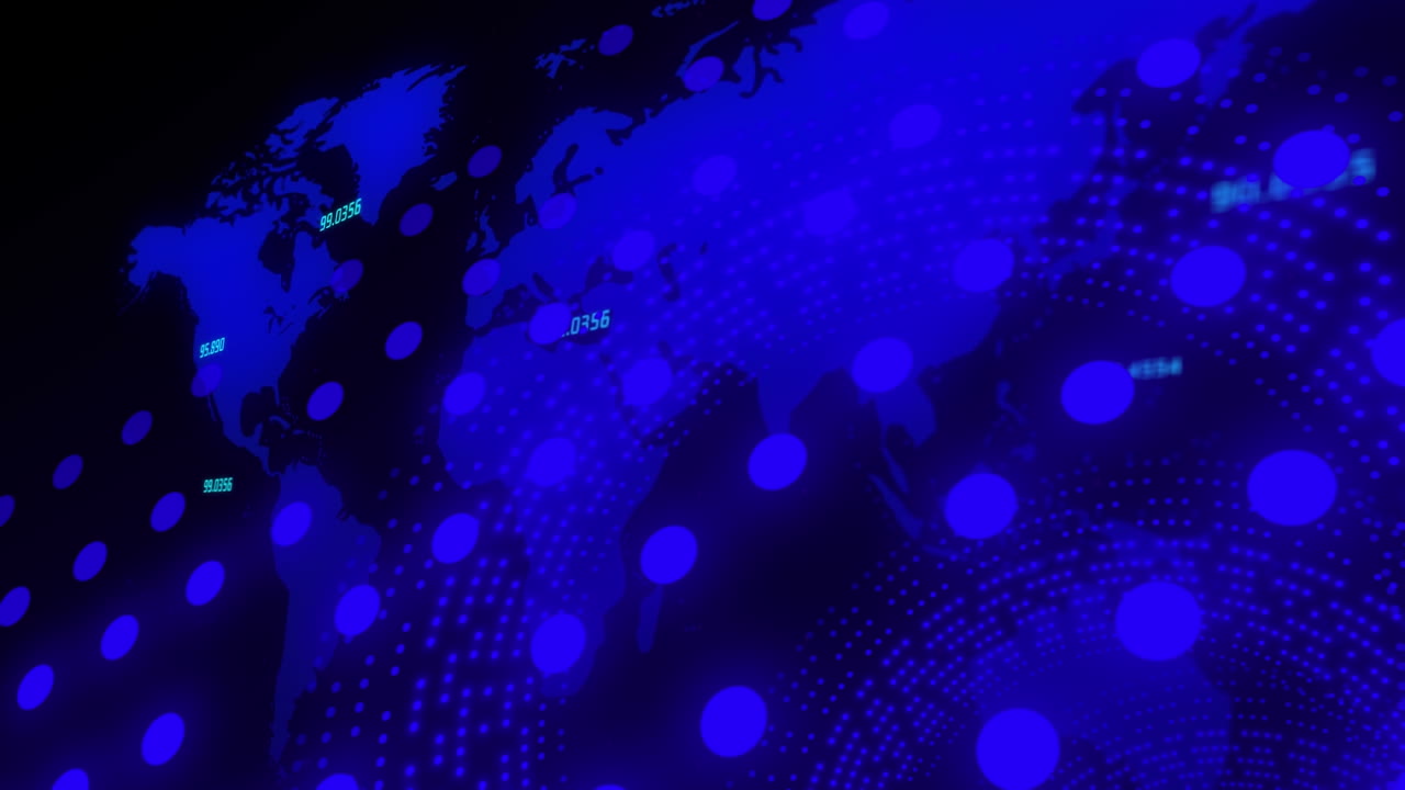 Animation of world map and numbers processing over blue circles