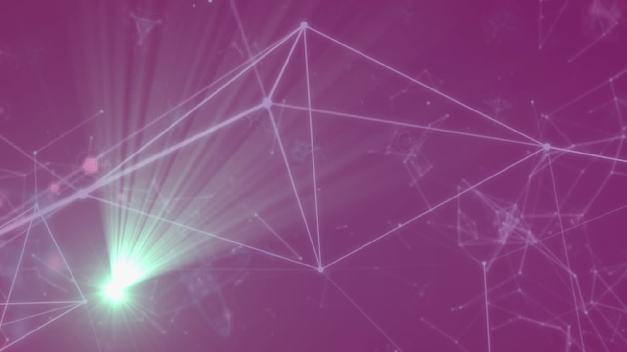 animación de senderos de luz sobre una red de conexiones y moléculas sobre un fondo púrpura