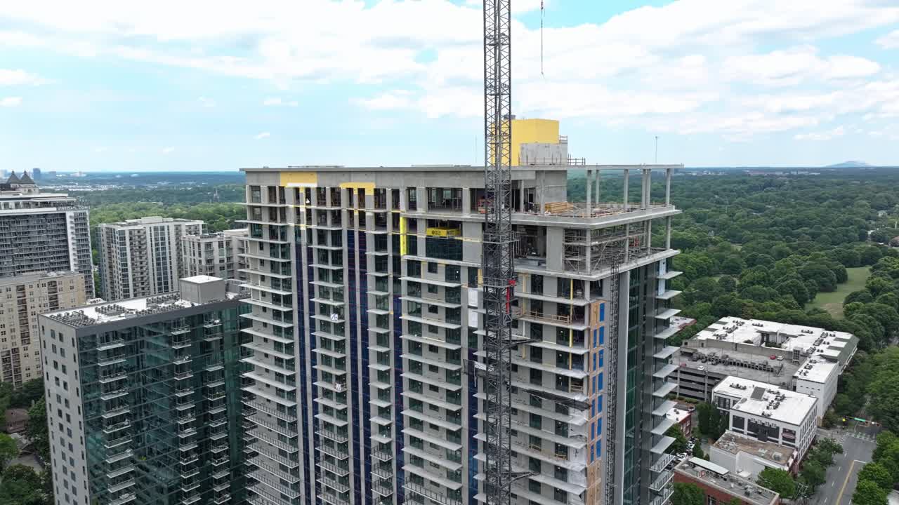 Towering Residential Buildings Construction Site In Midtown Atlanta, Georgia. Aerial Shot