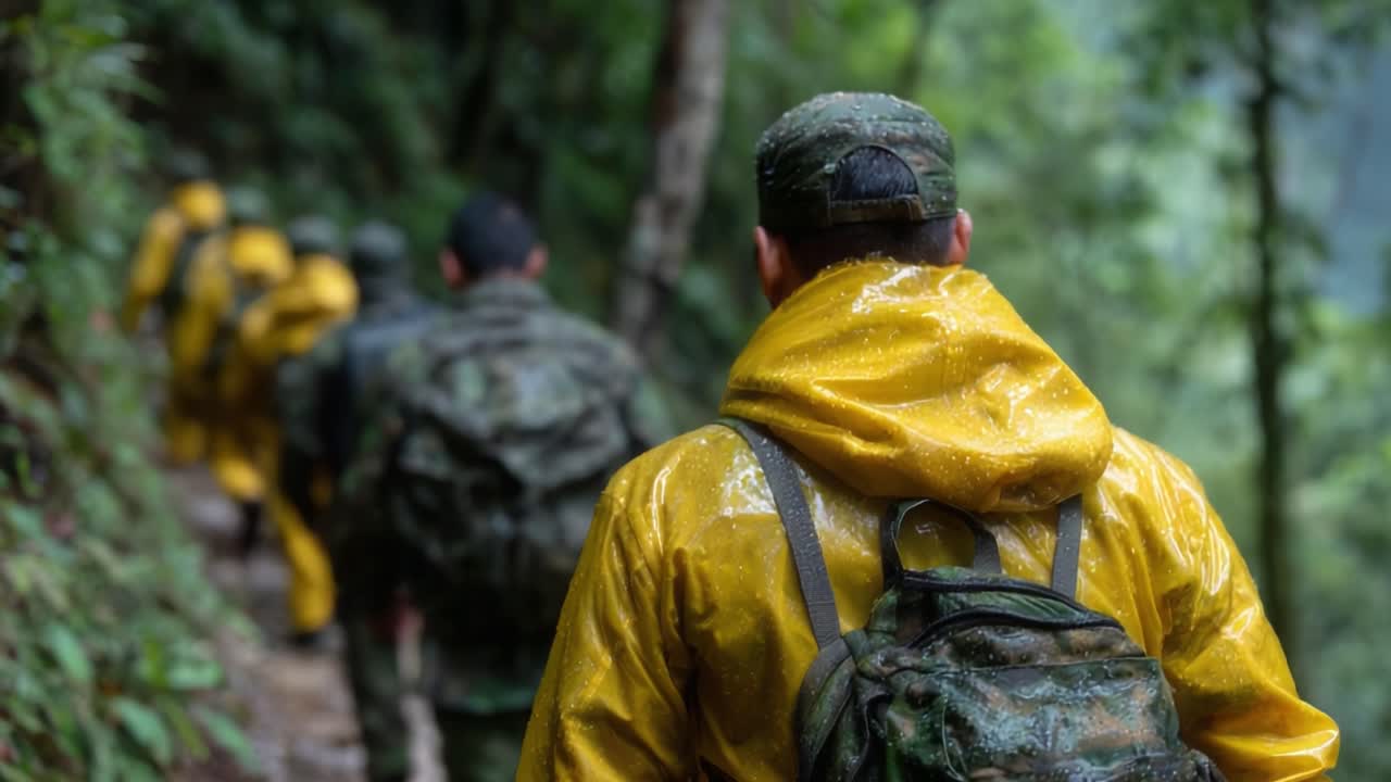 A Group of Hikers Trekking Through Dense Forest in Rainy Conditions, Wearing Waterproof Gear and Protective Clothing for Outdoor Adventure