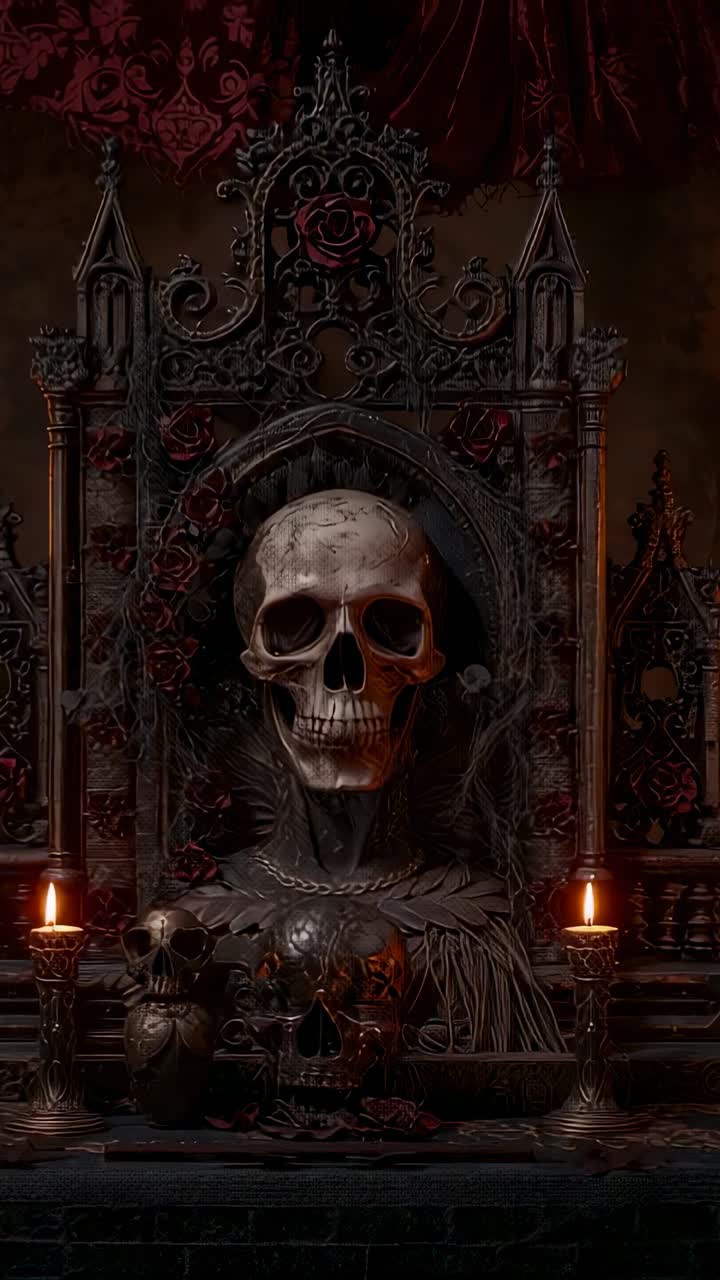 Vertical video: Flickering candle flames casting shadows across skull on ornate iron altar