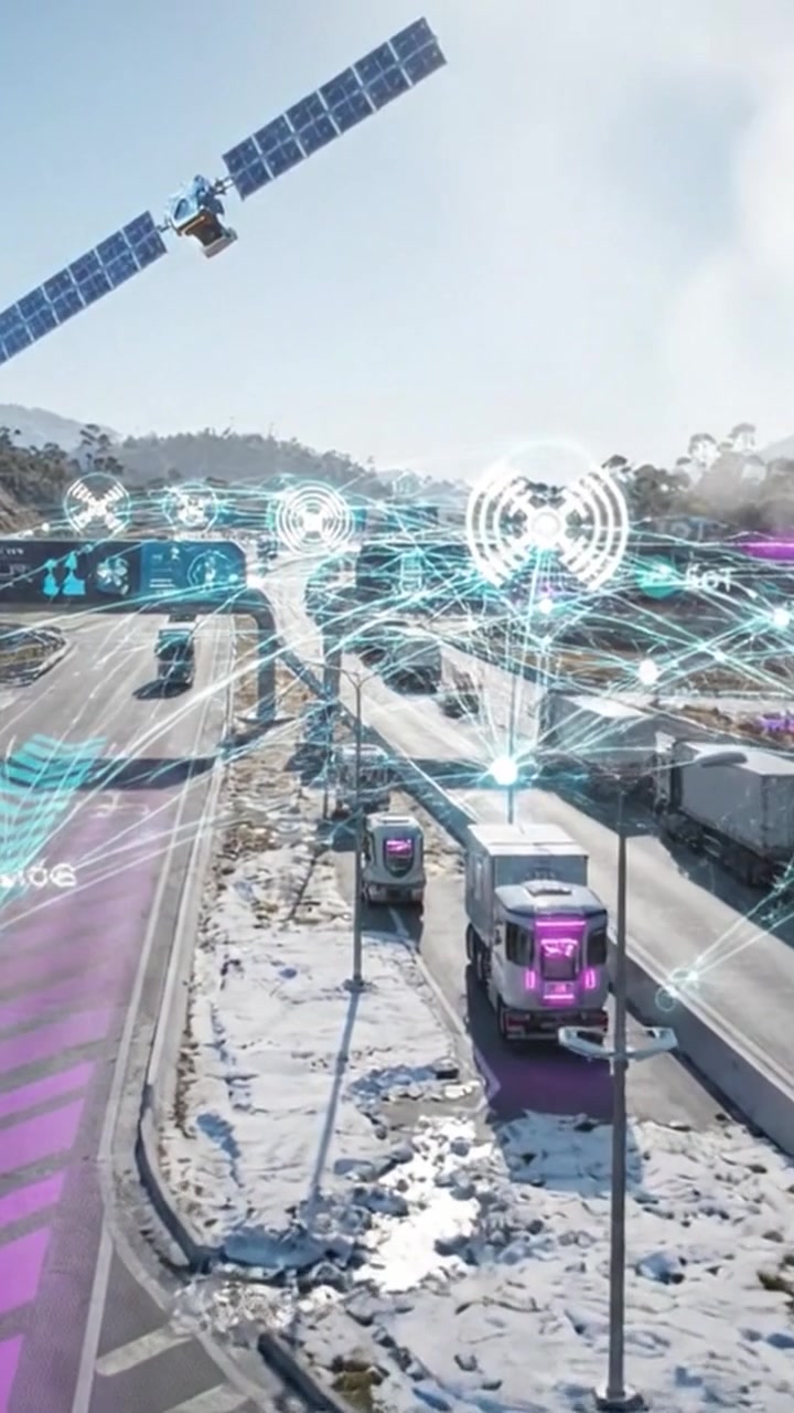 Escena de autopista futurista con camiones autónomos y drones rodeados de tecnología avanzada en un paisaje nevado, capturada en una vista expansiva.