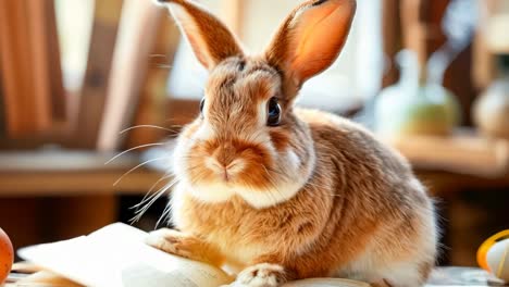 a rabbit sitting on top of an open book next to an orange