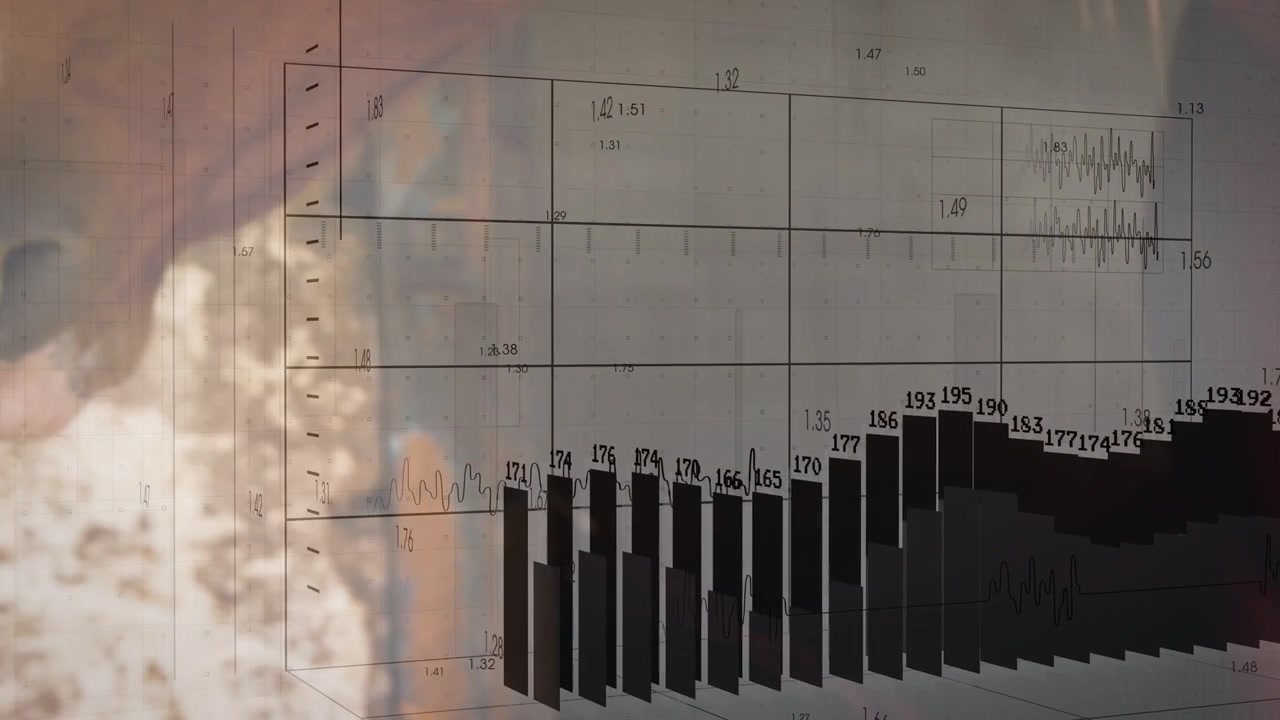 Objevuje se průsvitný diagram, stoupají 3D sloupce, zatímco se žena naklání a prohlíží zem, zobrazující data.