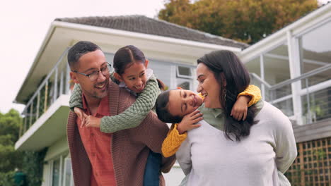 Happy-family,-outdoor-and-parents-piggyback