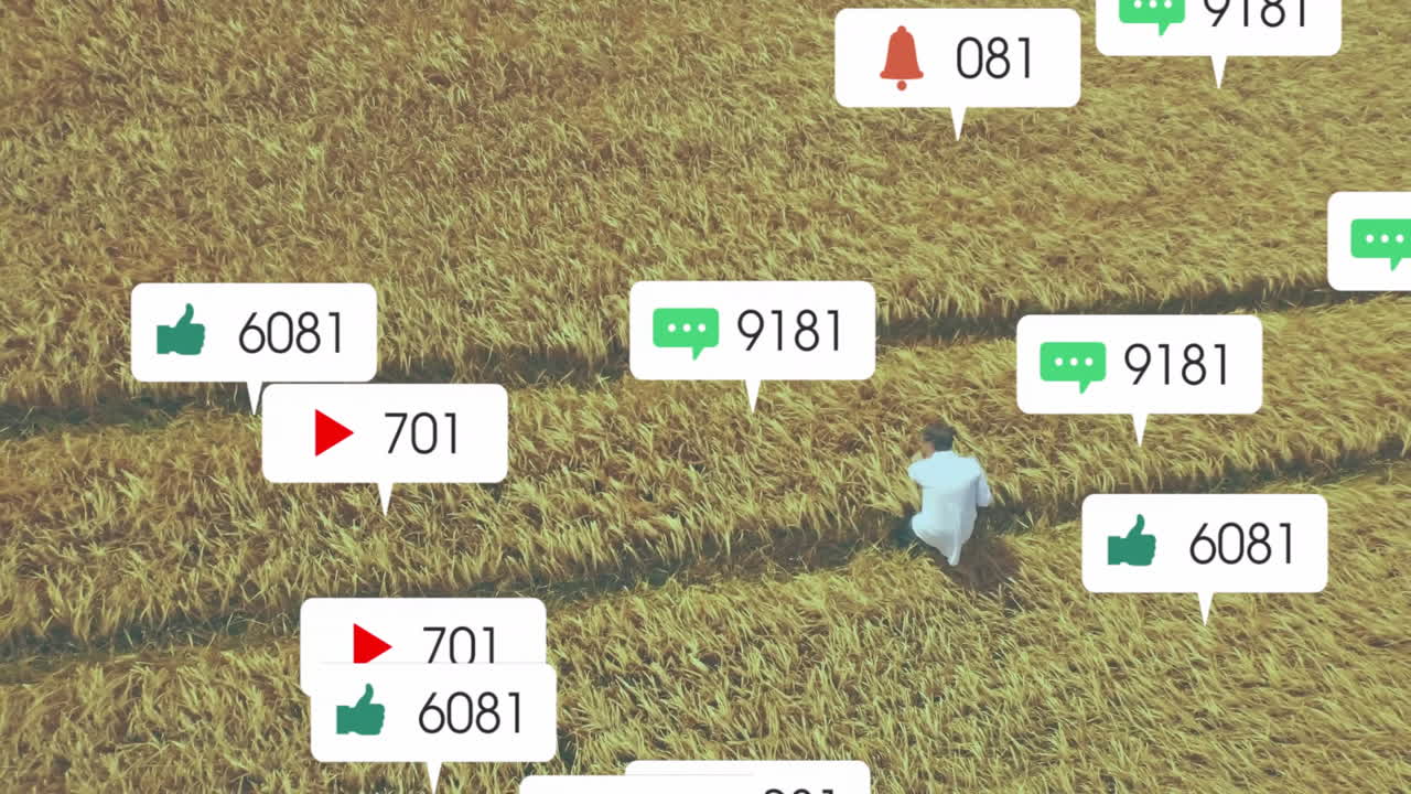 Mature man kneeling in golden crop, tracking floating social media icons for agriculture marketing