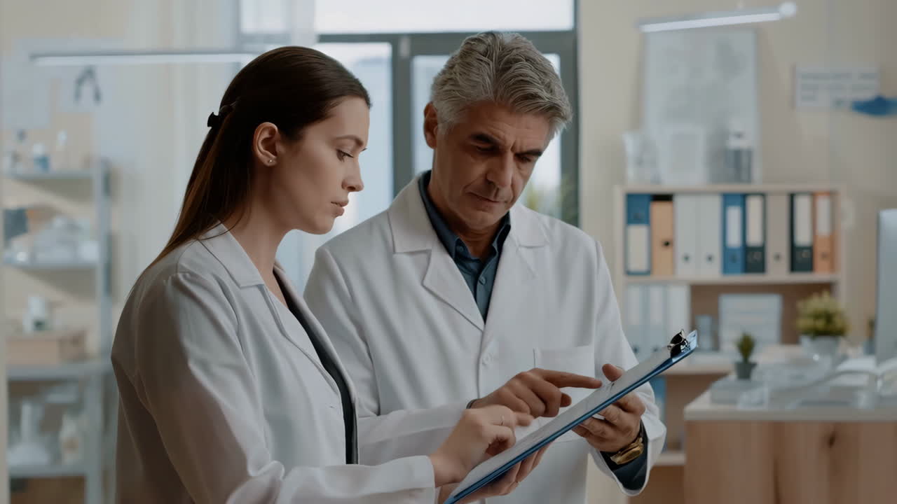 Two medical professionals or scientists reviewing documents in a lab setting