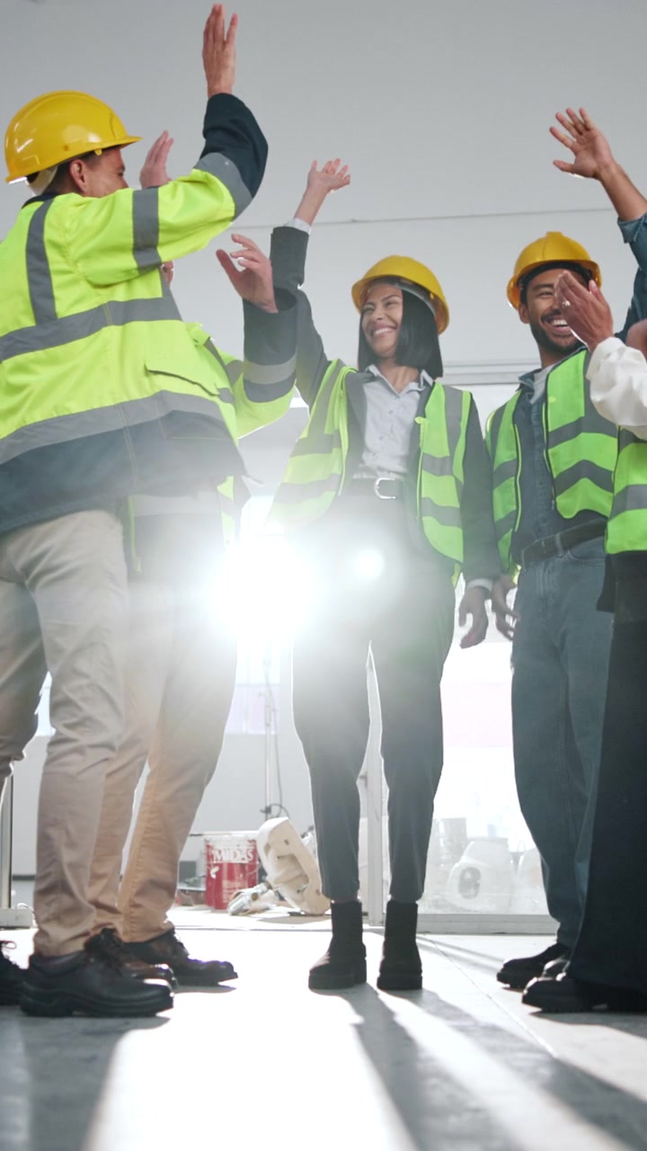 Diverse Team of Construction Workers Celebrating Success on Site