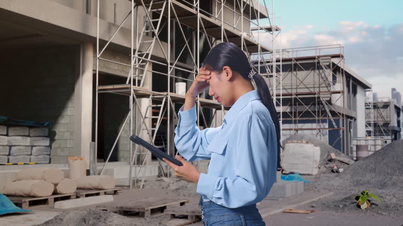Tampilan Samping Wanita Asia dengan Tabletnya di Lokasi Konstruksi yang Sedang Berlangsung ke Rumah Baru, Memeriksa dengan Kecewa dan Mengangguk-anggukkan Kepalanya