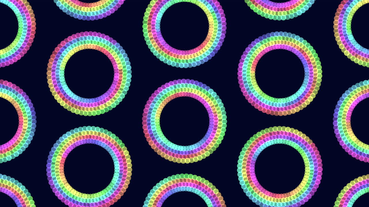 Filmato geometrico astratto di anelli circolari arcobaleno ripetuti composti da punti su uno sfondo blu scuro, un motivo colorato in loop per sfondi, pubblicità e motion design.