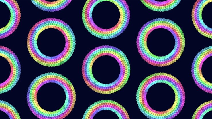 Imagens geométricas abstratas de anéis circulares de arco-íris repetidos feitos de pontos em um fundo azul escuro, um padrão colorido em loop para fundos, anúncios e motion graphics.