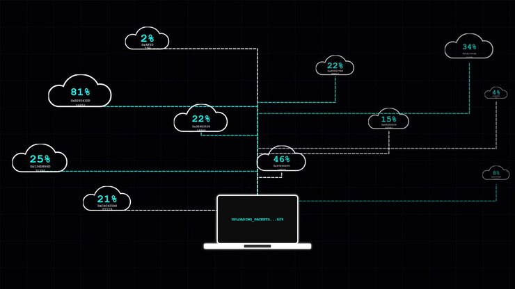 Bærbar computer, der uploader data til flere cloud-servere – netværksvisualisering