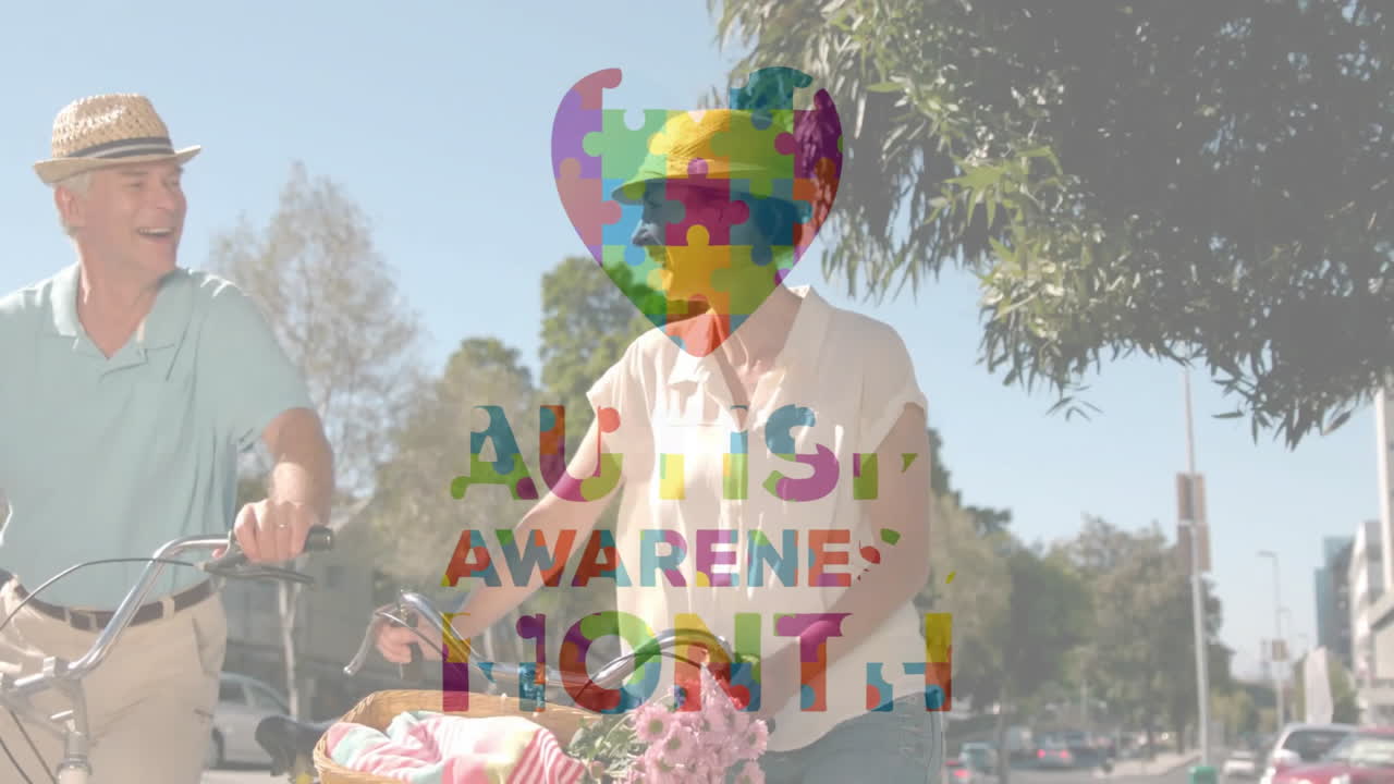 Riding bicycles, older adults with Alzheimer's awareness heart puzzle animation overlay