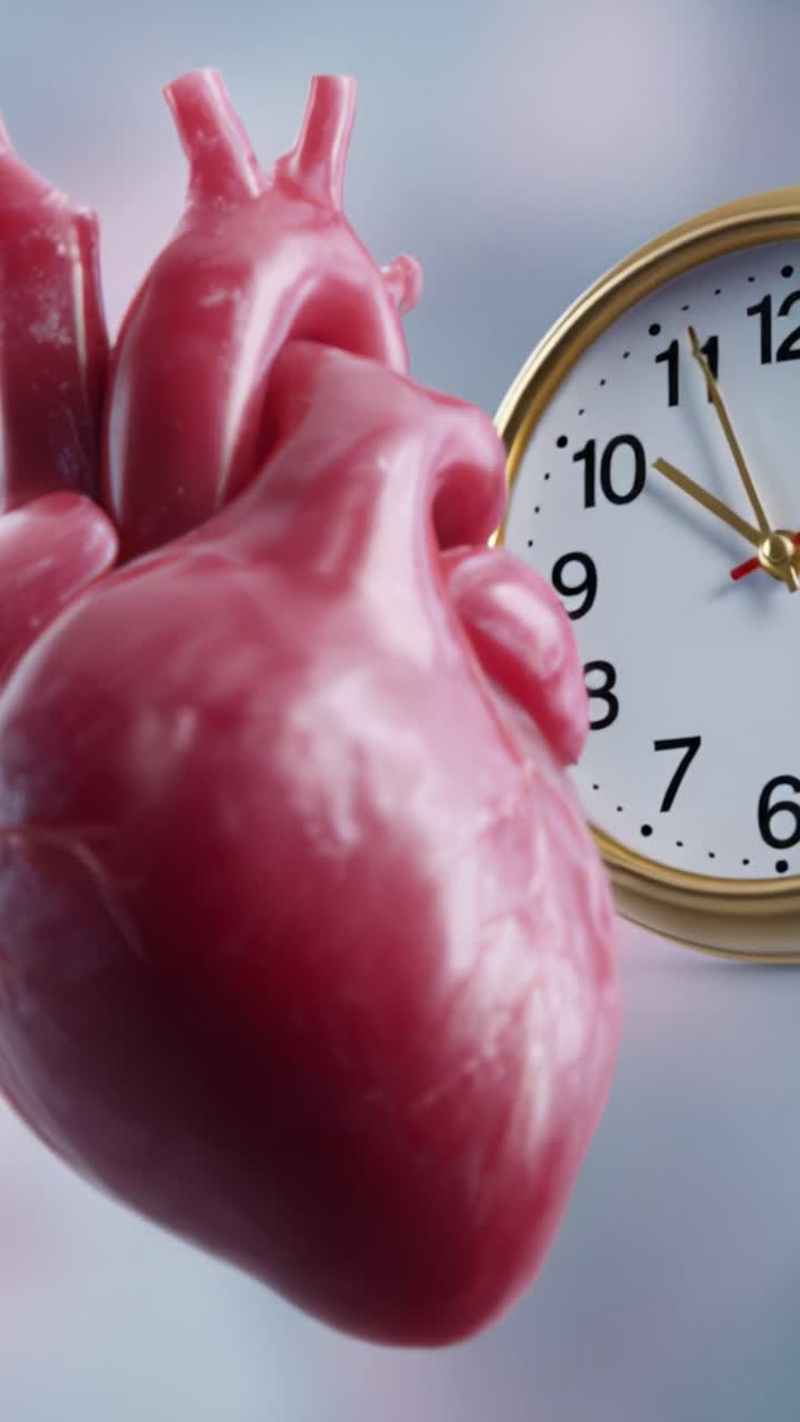 Una visualizzazione ravvicinata di un cuore umano evidenziato su uno sfondo sfocato di un orologio, che enfatizza il tema del tempo e della vitalità in modo vivido e artisticamente elaborato.
