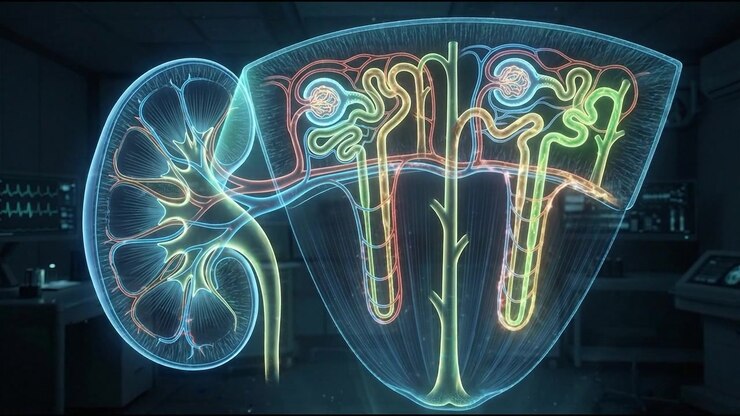 Glowing blue 3D model of human kidney renal vascular supply