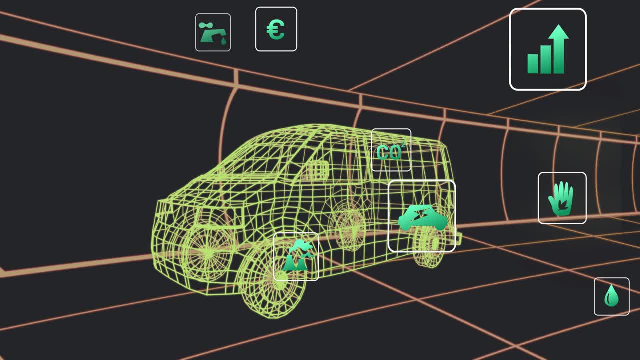 On data refresh lime mesh van sitting in 3D tunnel, icons animating, boxes popping, showing metrics